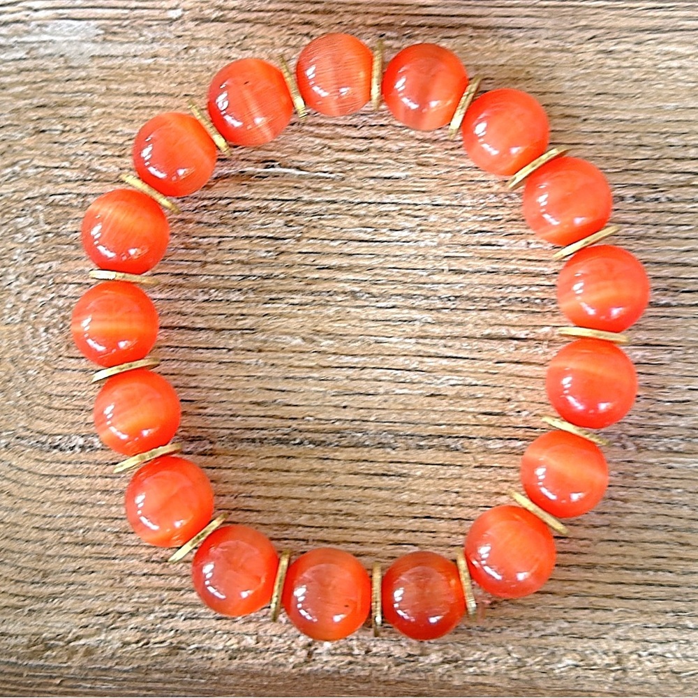 Birch House Jewelry 10mm Orange Tigers Eye Beaded Bracelet with Gold Accent Bead